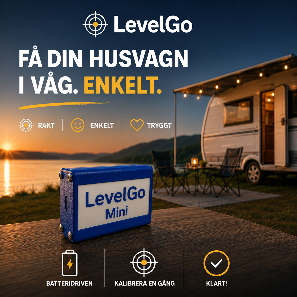 LevelGo app med husvagn i bakgrunden